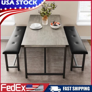 Dining Set for 4 Wood Top Table and 2 PU Leather Upholstered Bench Small Kitchen - Picture 1 of 45