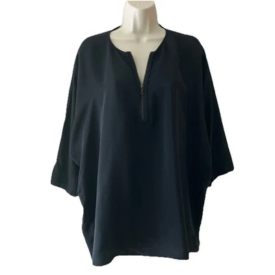 Blusa Camisa Vince Cuarto Cremallera Sin Cuello Seda Mujer Negra Manga 3/4 Túnica M Foto 1 de 4