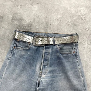 Vintage 2000s Rhinestones Y2K Leather Belt Silver - Picture 1 of 17