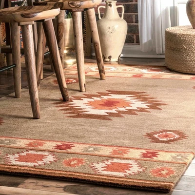 Hand Made Southwestern Wool Area Rug in Grey, Brown, Orange' - Image 1 of 4
