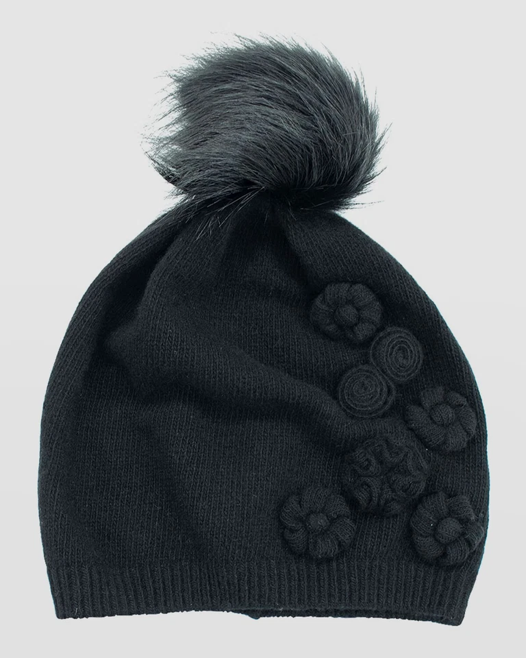 $109 Portolano Para Mujer Negro Floral-Appliqué Tejido Cachemira Pompón Gorro Foto 1 de 1