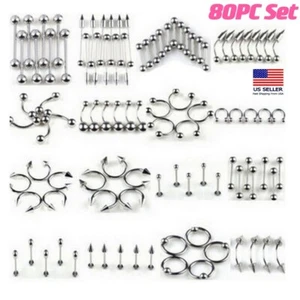 80Pcs Surgical Stainless Steel Body Piercing Ring Tongue Nipple Nose Ear Waist - Picture 1 of 5
