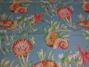 1.5 YDS Solarium Outdoor Fabric Seashells Beach Ocean Turquoise Blue Coral 54x53 - Picture 1 of 4