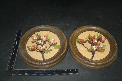VINTAGE MID CENTURY PEACH PIT NUT SHELL ART WALL HANGING LOT 2PC FLOWERS FRAMED Cover