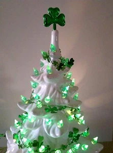 50 Green Twinkle Lights, Bulbs Shamrock Topper, Tinsel & Star for Ceramic Tree - Picture 1 of 5