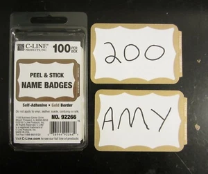 200 GOLD BORDER BADGES NAME TAGS LABELS ID STICKERS PEEL AND STICK ADHESIVE - Picture 1 of 8