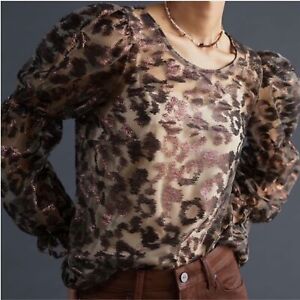 NWT Anthropologie Eva Franco Sheer Leopard Top Brown Metallic 1X Puff Sleeve