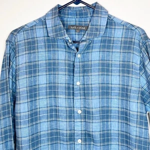Slate & Stone Hemd Herren 100% Leinen Gr. Large blau kariert Knopfleiste Langarm - Bild 1 von 7