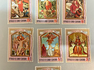 Lote de 7 estampillas usadas de Guinea Ecuatorial 1974 Pascua - pinturas # 521-527 Foto 1 de 2