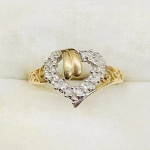 10k Yellow Gold Diamond Heart Halo Filigree Engagement Wedding Ring Band Size 7 - Picture 1 of 11