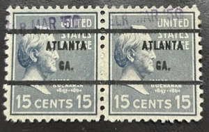 ATLANTA GEORGIA Precancel on a 15 Cent President Buchanan Stamp Pair Prexie 1950 - Picture 1 of 1