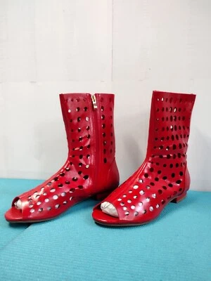 Charming Lady Women's Perforated Red Boots Open Ovals Peep Toe Side Zip Size 7.5 - Image 1 of 4