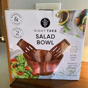 Wooden salad bowl set with serving forks mixing - premium acacia wood bowl an... - Picture 1 of 13
