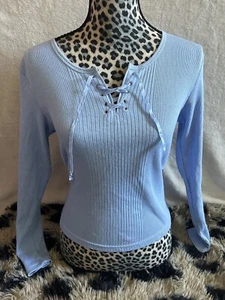 Women’s Y2K Light Baby Blue Ribbed Long Sleeve V Neck Top Shirt 2000s Corset Tie - Picture 1 of 5