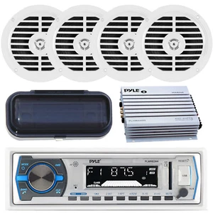 Pyle Marine Boat MP3 USB AM/FM Radio 4 New Speaker & 4CH Amplifier + White Cover - Picture 1 of 6