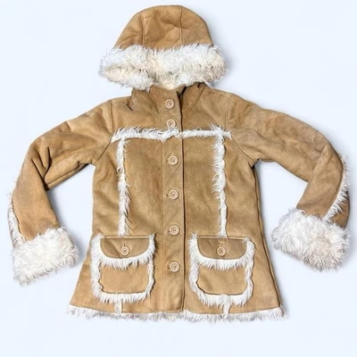 Girls Faux Suede Fur Coat Gap Size L 10 Tan Beige White Winter Jacket Hooded - Image 1 of 4