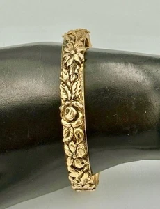 Vintage Floral Gold Tone Bangle Bracelet Hinged Safety Chain Rose Daisy Flower - Picture 1 of 6