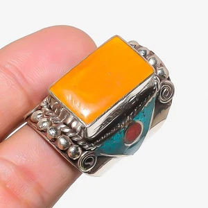 Yellow Coral Turquoise Gemstone Ring Tibetan Boho Nepali Jewelry 10.75" NR 3307 - Picture 1 of 6