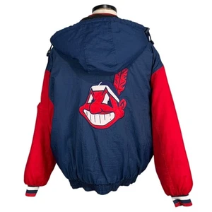 Chaqueta acolchada reversible vintage de los Cleveland Indians años 90 L azul marino y rojo jugador profesional - Imagen 1 de 19