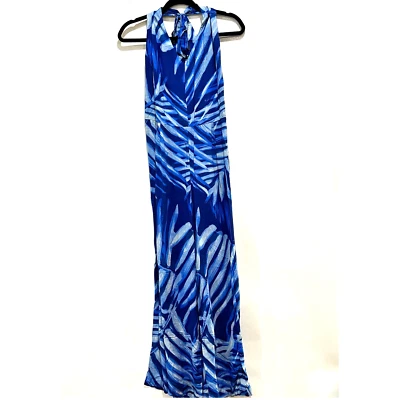 Bella Dahl Blue Palm Leaf Print Halter JumpsuitTropical Summer Beach Vacation L - Image 1 of 4