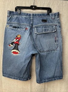 Vintage Embroidered Paco Sport Denim Baggy Shorts Dog Skater Y2K Sz 40 Blue - Picture 1 of 16
