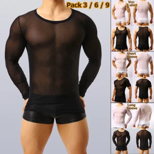 Mens Mesh Sheer Sexy Vest Tops T-Shirt Boxer Briefs Muscle Underwear Pajamas - Picture 1 of 44