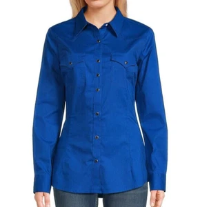 Wrangler Shirt Womens Medium Blue Long Sleeve Pointed-Front & Back Yoke Western - Picture 1 of 14