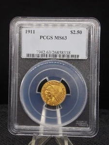 UNITED STATES 1911 PHILADELPHIA INDIAN 2,50 $ GOLD COIN SLABBED PCGS MS 63 - Bild 1 von 2