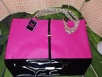 NWT ~ JUICY COUTURE ~ Fragrance Promo ~ Hot Pink & Black Tote Purse ~ Gold Chain - Image 1 of 4