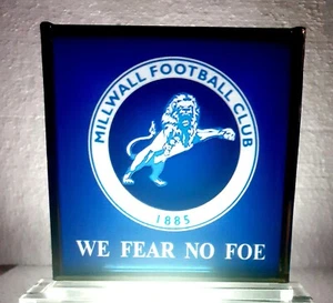 Millwall glass Plaque On Glass Stand 5"x 5" Square.Ideal Gift For Millwall Fan - Picture 1 of 9