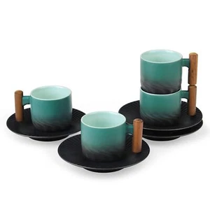 Handheld Small Ceramic Cups and Saucers 8Pcs Tea Cup Set Blue Milk Coffee Cup... - Picture 1 of 7