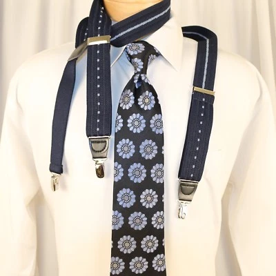 Tirantes con clip de tela geométrica de cuero azul marino azul claro para hombre Foto 1 de 4