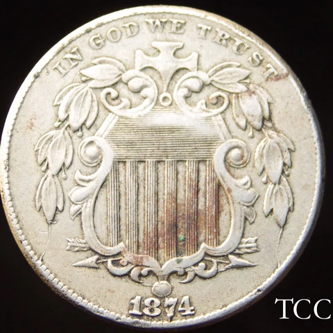 1874 SHIELD NICKEL ~  GORGEOUS ORIGINAL 5c COIN ~ FREE SHIPPING ~ TCC Cover