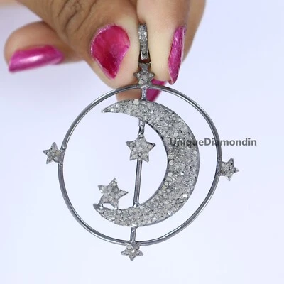 Natural pave Diamond Sterling Silver Oxidized Handmade Moon star Pendant jewelry - Image 1 of 4