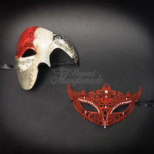 His & Her Couple Masquerade Mask, Red Themed Phantom Mask Couples Set - Picture 1 of 4