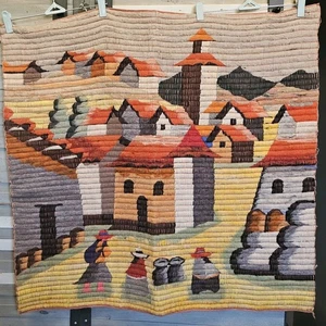 Vintage peruanischer Wollteppich Volkskunst handgewebt 35" x 32" - Bild 1 von 3