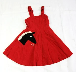 Vintage Corduroy Horse Head Girls Overalls Dress Sundress Red 3T 1960s MCM - Picture 1 of 8