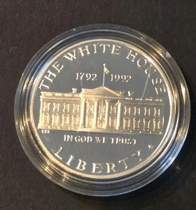 Moneda de 1 dólar de plata conmemorativa de la Casa Blanca 1992 W prueba de Estados Unidos - Imagen 1 de 2