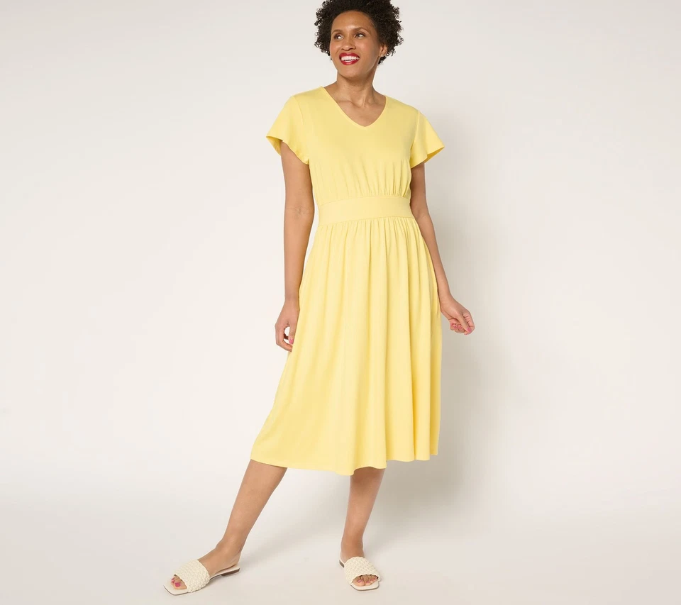 Denim & Co. Regular Favorite Jersey V-Neck Midi Dress Canary Yellow XL New - Image 1 of 1