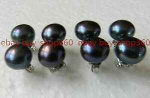 New 4 Pairs Natural Black Freshwater Pearl 925 Silver Plated Stud Earrings 