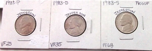 1983-P VERY FINE PLUS/ 1983-D VERY FINE+ /1983-S HIGH END PROOF JEFFERSON NICKEL - Picture 1 of 5