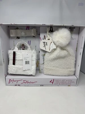 Betsy Johnson Cartera Regalo En Caja 4 Piezas Bandolera Bolso de Mano Blanco Imitación Piel CONJUNTO SOMBRERO Foto 1 de 4