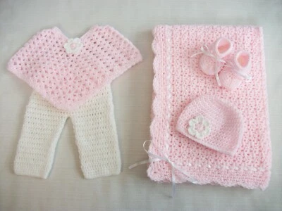 Crochet Baby Set - Blanket Poncho Pants Hat Booties 0-3m Handmade Shower Gift  - Image 1 of 4