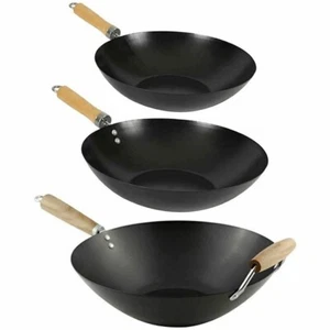 Manico in legno antiaderente wok profondo acciaio al carbonio cinese asiatico mescolare friggere wok - Foto 1 di 6