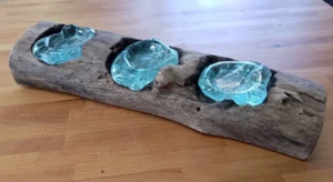 Bali Molten Glass Candle Holder on Wood Stand Melted Candles with Root Base A1 - Picture 1 of 4