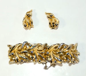 Conjunto de Pendientes Clip Pulsera Eslabón Baya Hoja Tortolani Vintage Tono Dorado Firmado - Imagen 1 de 10