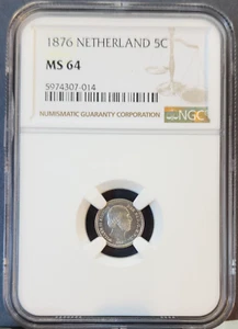 1876 NETHERLANDS SILVER 5 CENTS WILLIAM III NGC MS 64 BRIGHT BU BEAUTY - Picture 1 of 3