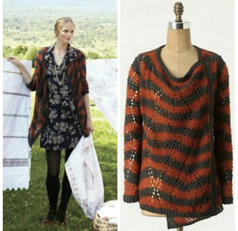 GUINEVERE Cárdigan Rayas Sueltas Suéter Envoltura Naranja Gris Tejido Anthropologie L Foto 1 de 4