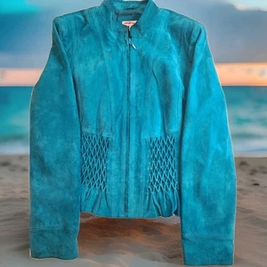 Vintage Yvonne Le Marie türkis Wildleder Echtleder Jacke Größe 8 Reißverschluss gefüttert - Bild 1 von 11