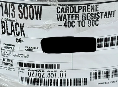 Carol 02762 14/3C Carolprene SOOW 600V 90C Portable Power Cable Cord Black /25ft - Image 1 of 4